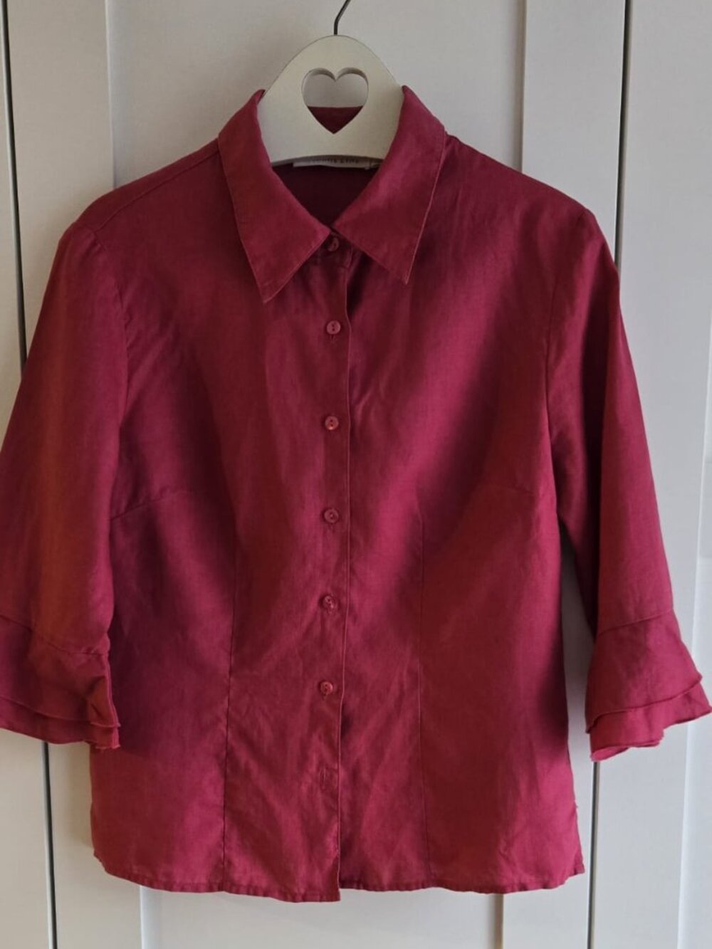 Melanie Lyne 100% Linen Raspberry Ruffle Sleeve Blouse Size M PTP20 - Picture 2 of 11